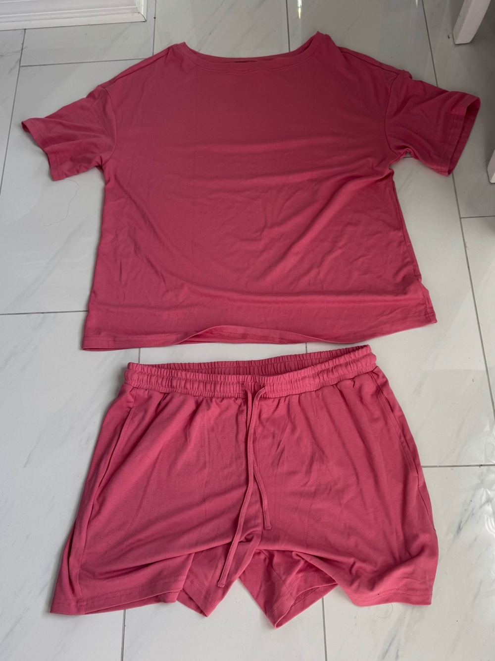 Relaxed Pink Short-Sleeve Lounge Top & Drawstring Shorts Set
